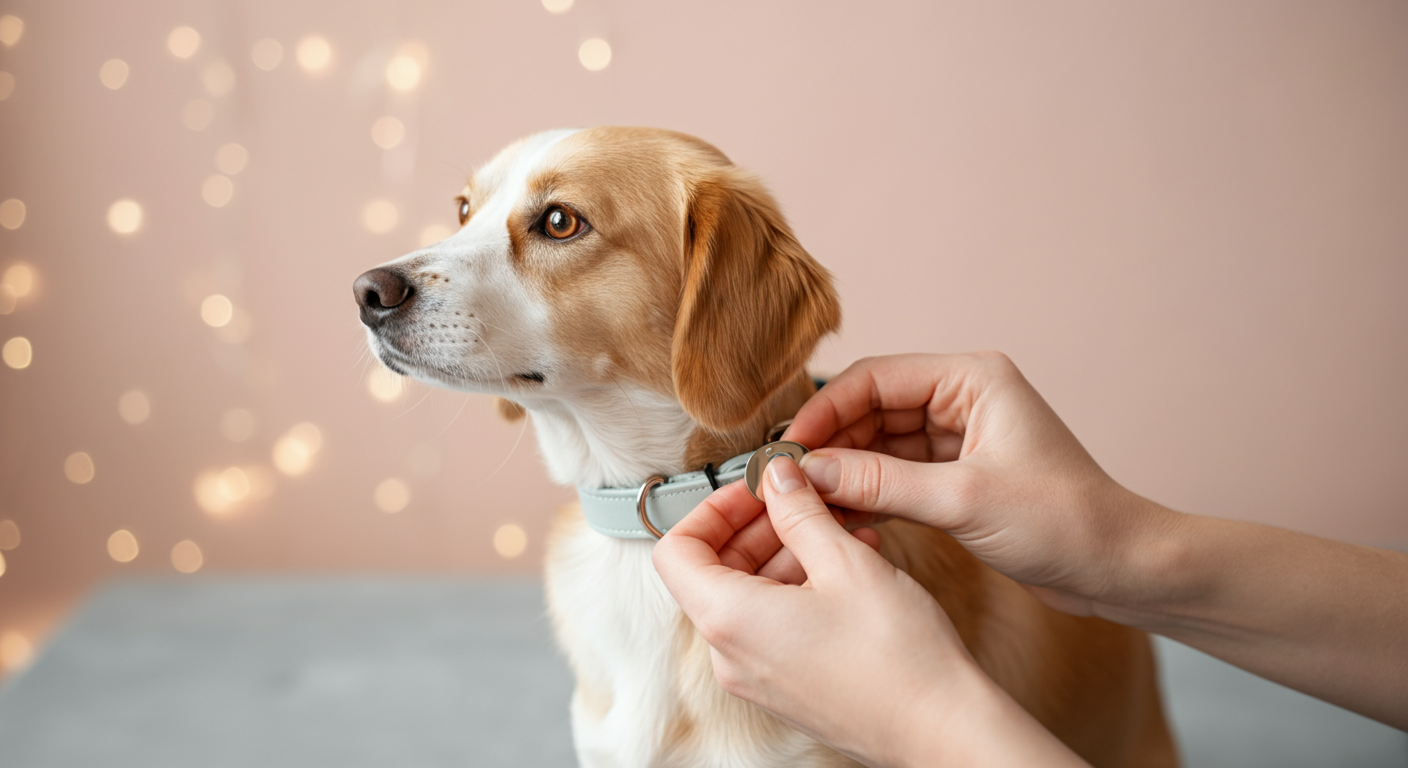 パステルカラーの背景で、人間の手が犬の首輪に迷子札を丁寧に取り付けている様子のクローズアップ写真。