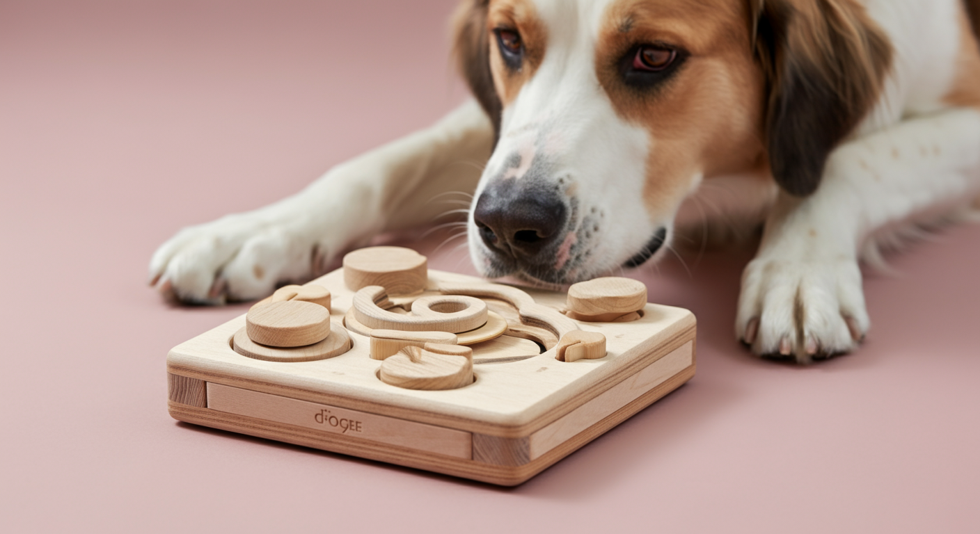 デザイン性の高い木製の犬用知育おもちゃ。背景では、大型犬が集中してそのおもちゃを調べている。