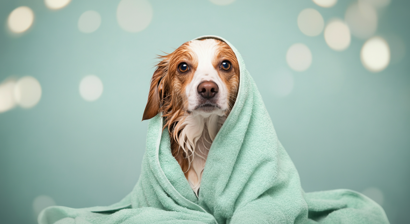水に濡れた犬がポンチョのようにかけられた緑のタオルに包まれている様子