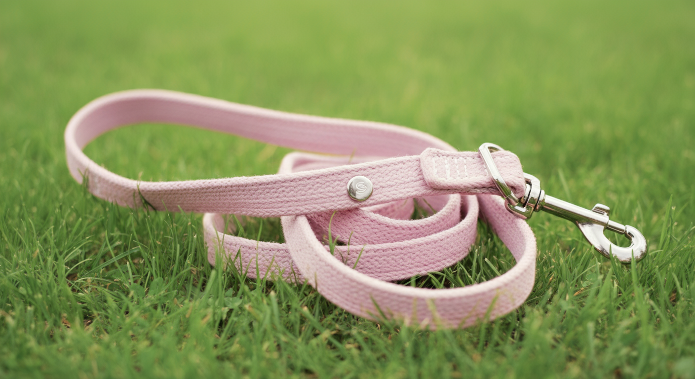 緑の芝生の上に、パステルカラーの長いリードが美しく円を描くように置かれている写真。