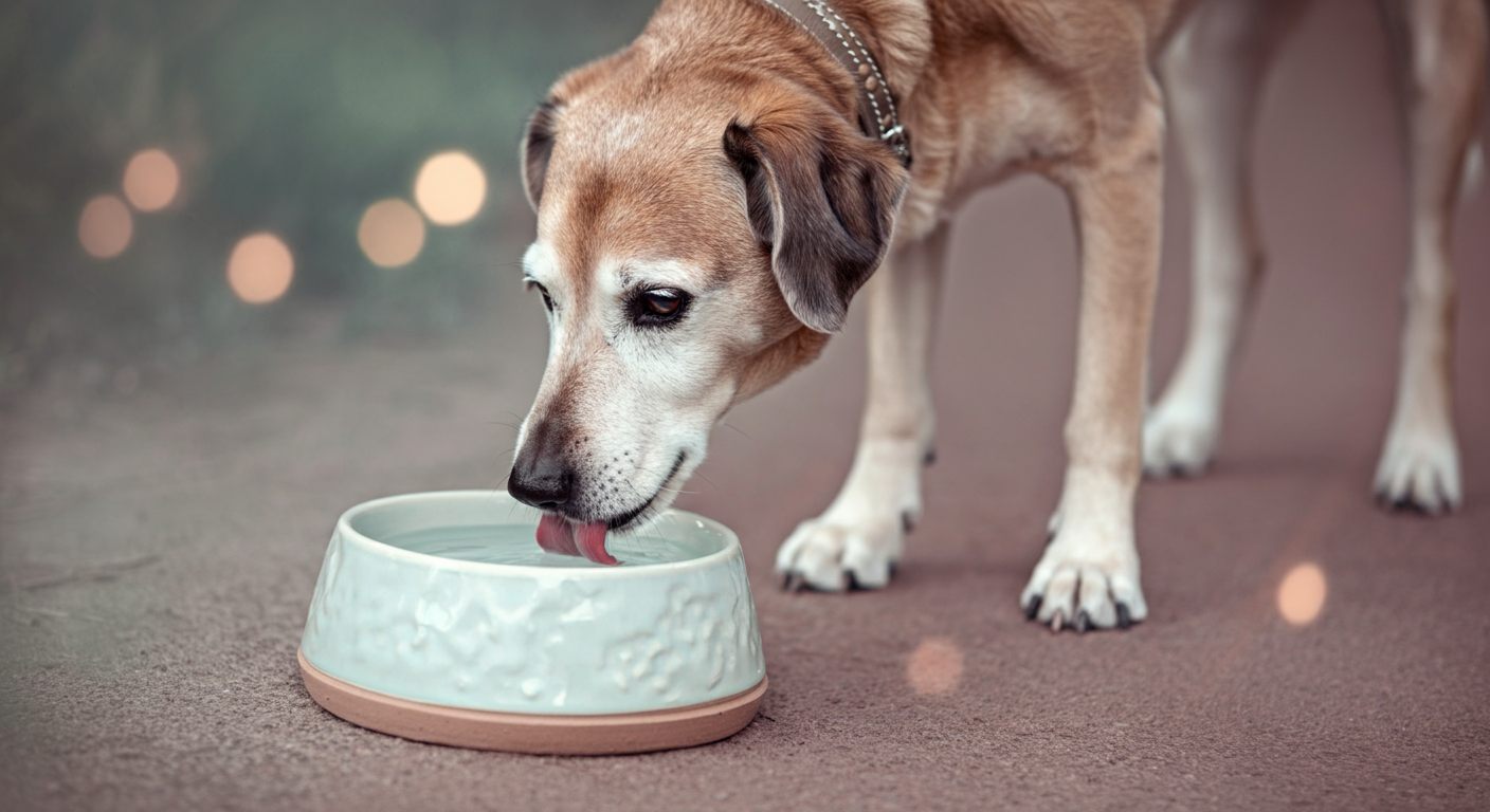 ドッグランの後、陶器のボウルから静かに水を飲むシニア犬の写真。
