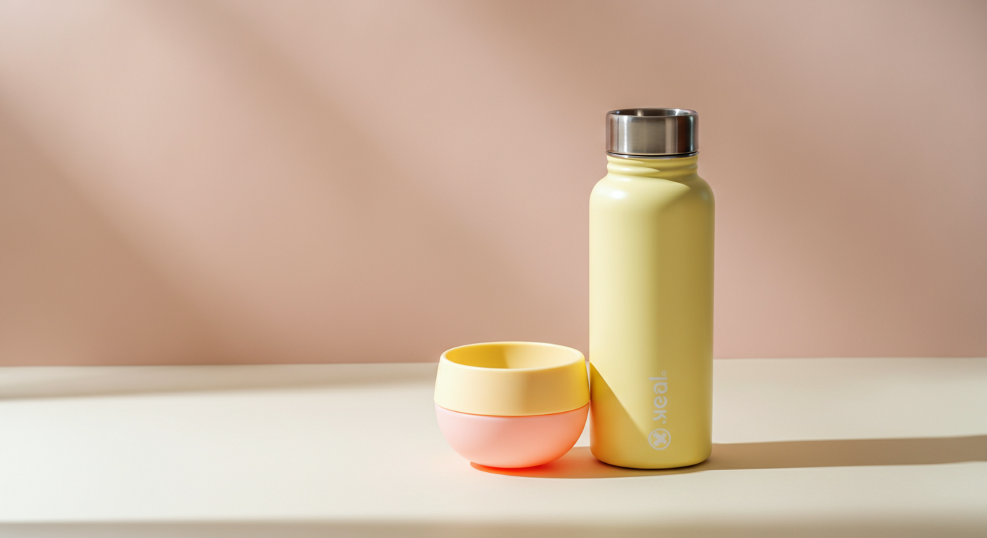 パステルイエローのスタイリッシュな携帯用ウォーターボトルとボウル。特別なアイテムとして演出されている。