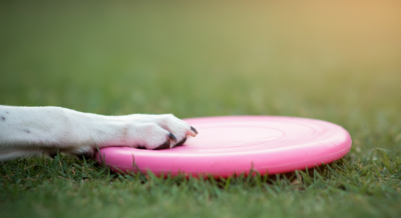 緑の芝生の上に置かれたピンクのフリスビーの横に、ちょこんと置かれた犬の前足。
