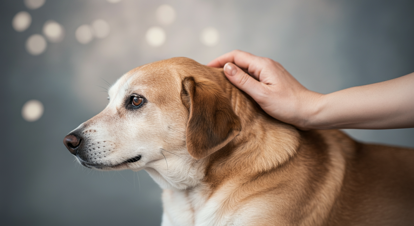 飼い主がリラックスしている犬の肩を優しくマッサージしている手元のアップ写真。