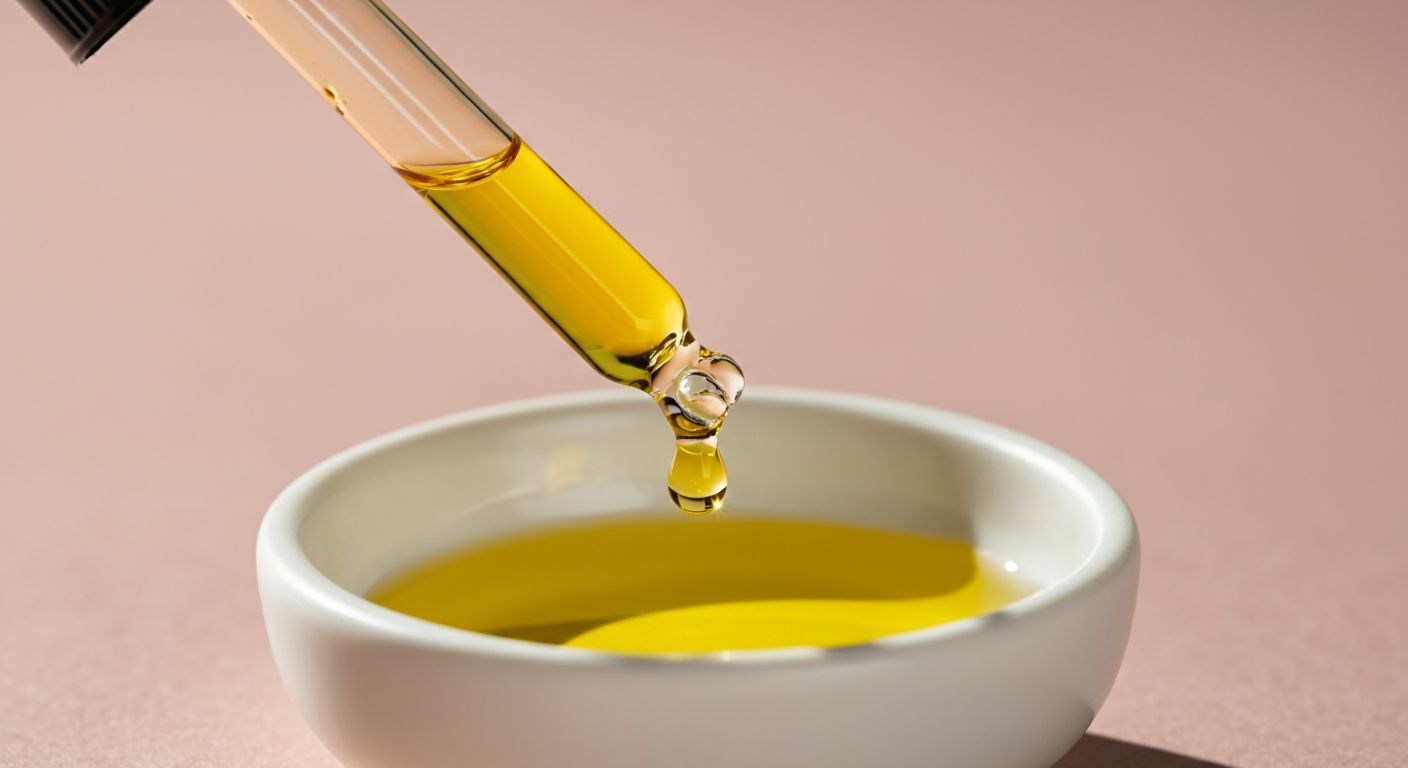 パステルカラーのミニマルな空間で、スポイトから白い器へ金色のオイルが一滴垂らされているマクロ写真。