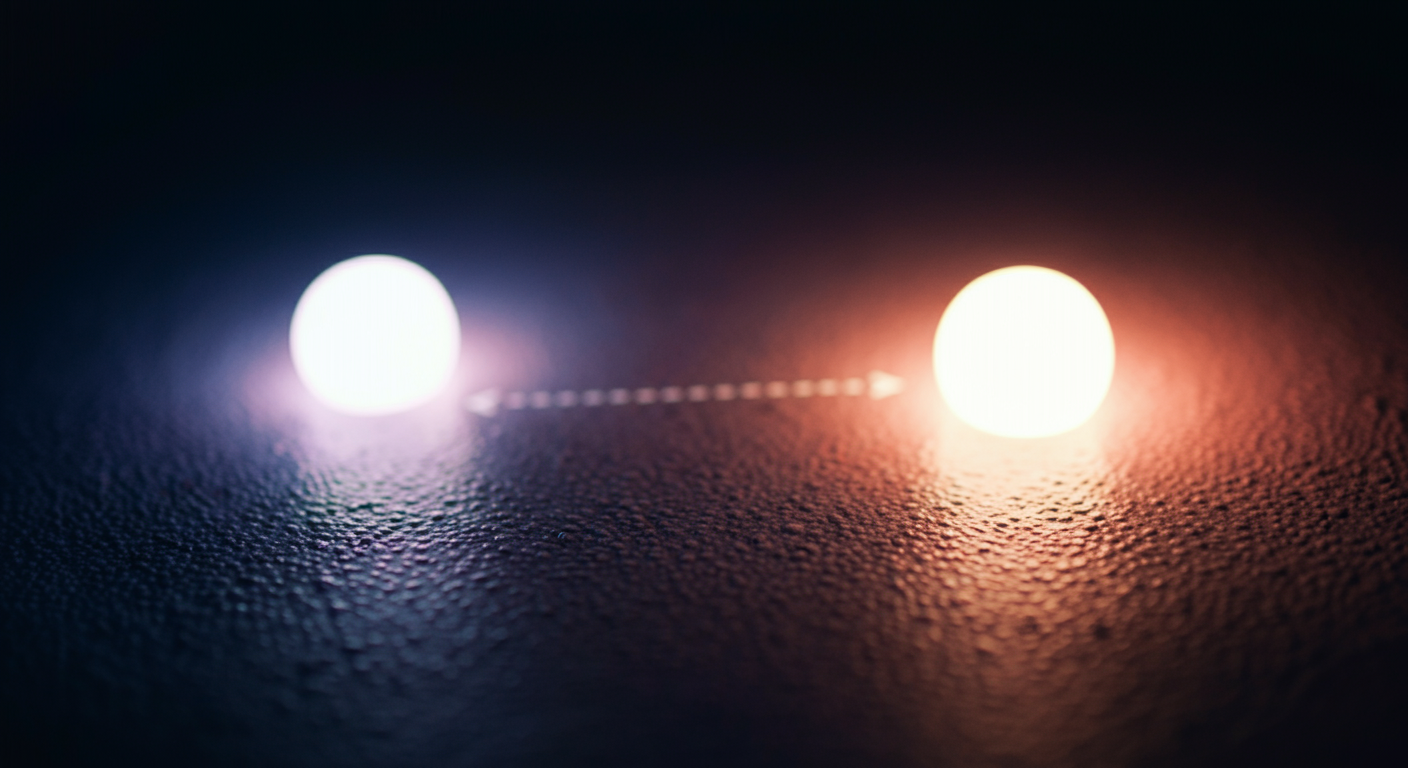 暗い背景の上に、2つの柔らかく光る球体が離れて置かれている。夜のドッグランでの犬同士の安全な距離を象徴している。