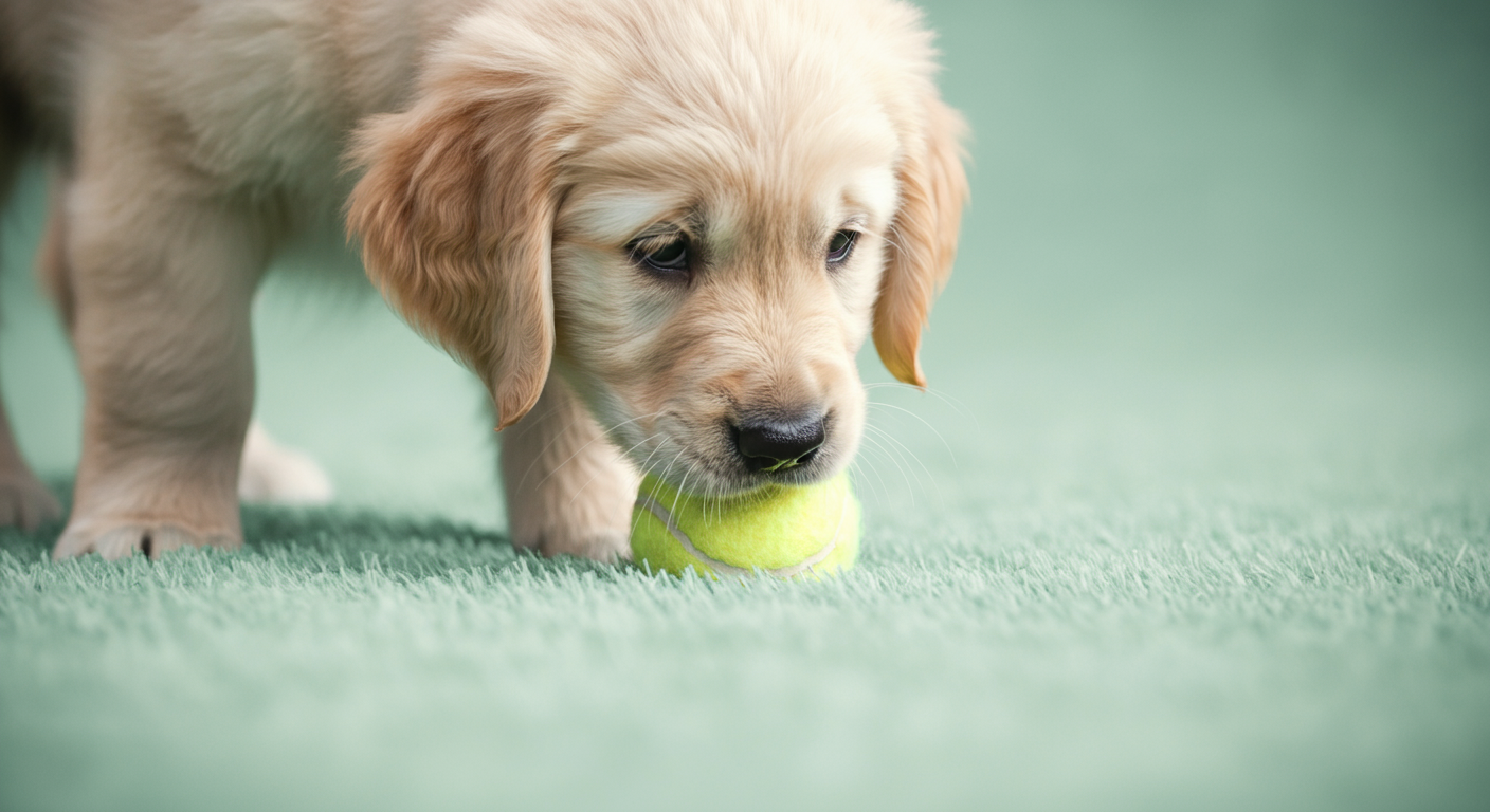 パステルイエローのボールにそっと鼻を近づける子犬のクローズアップ写真。