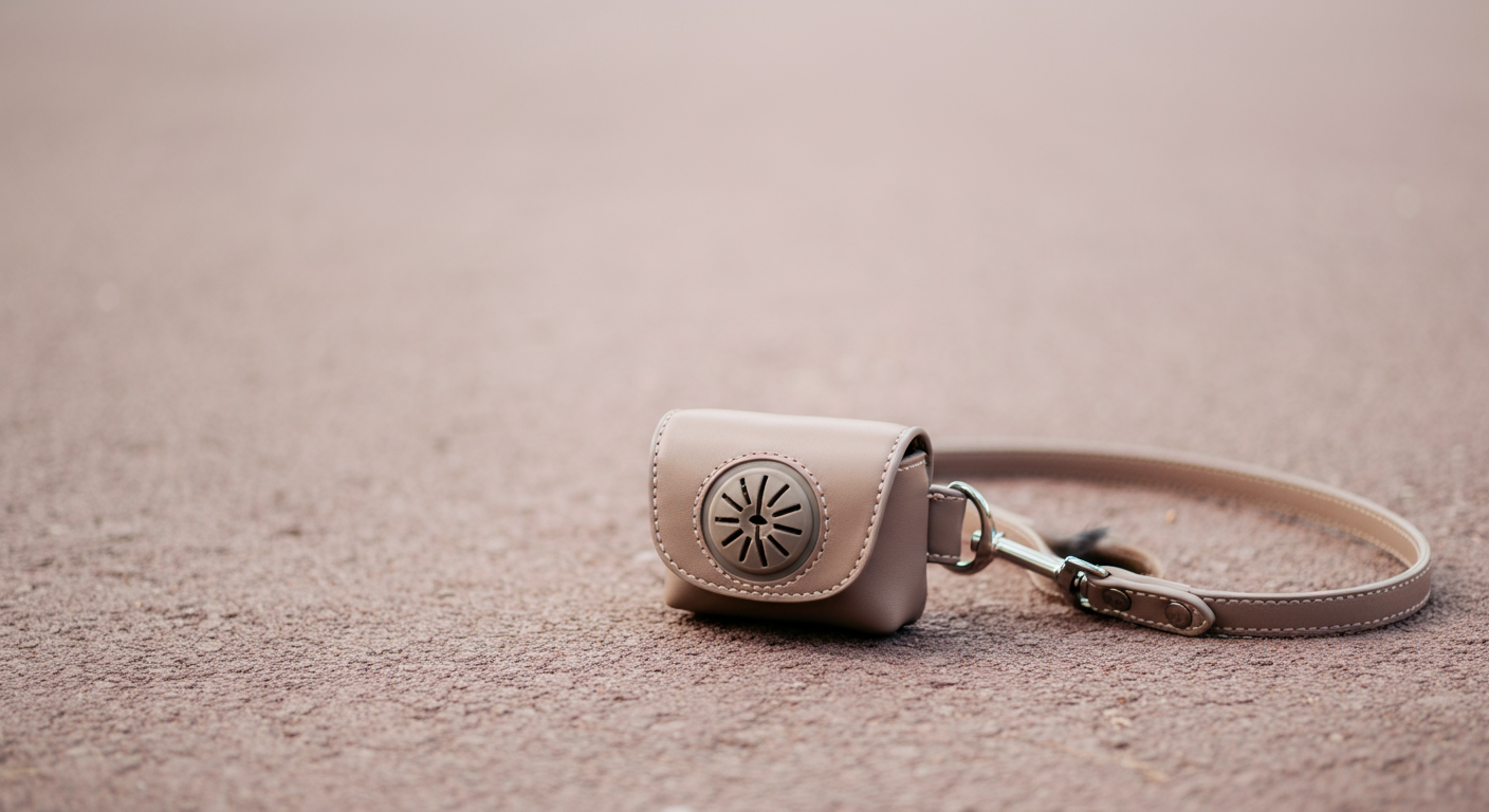 おしゃれな革製のうんち袋ホルダーがリードに取り付けられているクローズアップ写真。