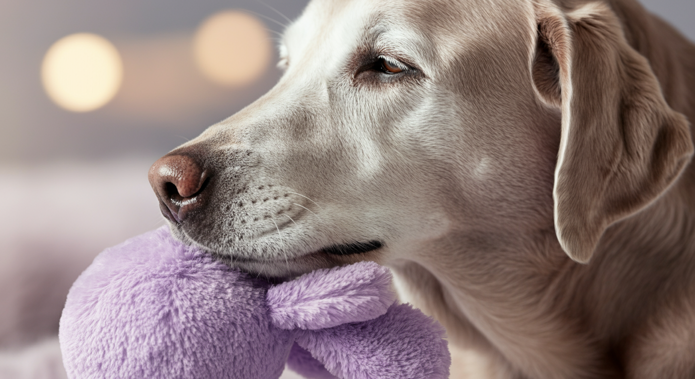 白髪まじりの口元をした老犬のラブラドールレトリバーが、目を閉じて心地よさそうに柔らかいぬいぐるみおもちゃの匂いを嗅いでいるクローズアップ写真。