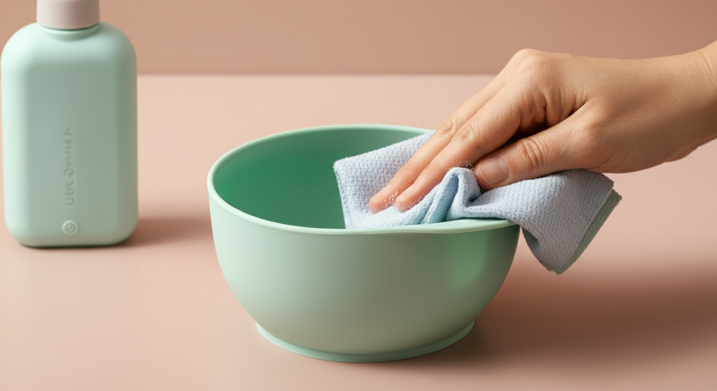 人の手がパステルカラーのシリコンボウルを柔らかい布で優しく拭いているクローズアップ。衛生管理とケアを象徴する写真。