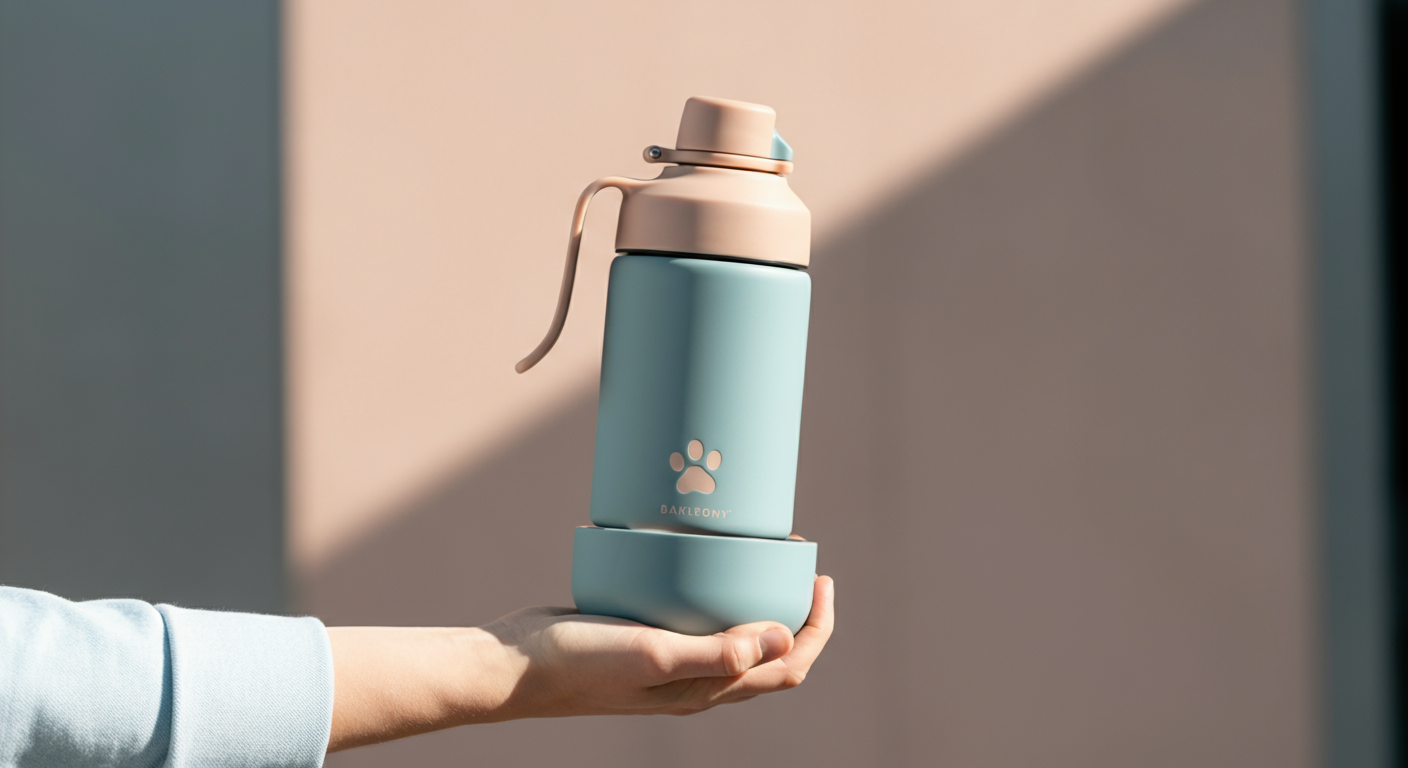 洗練されたデザインの犬用ウォーターボトルを、都会的な背景で人が持っているスタイリッシュな写真。