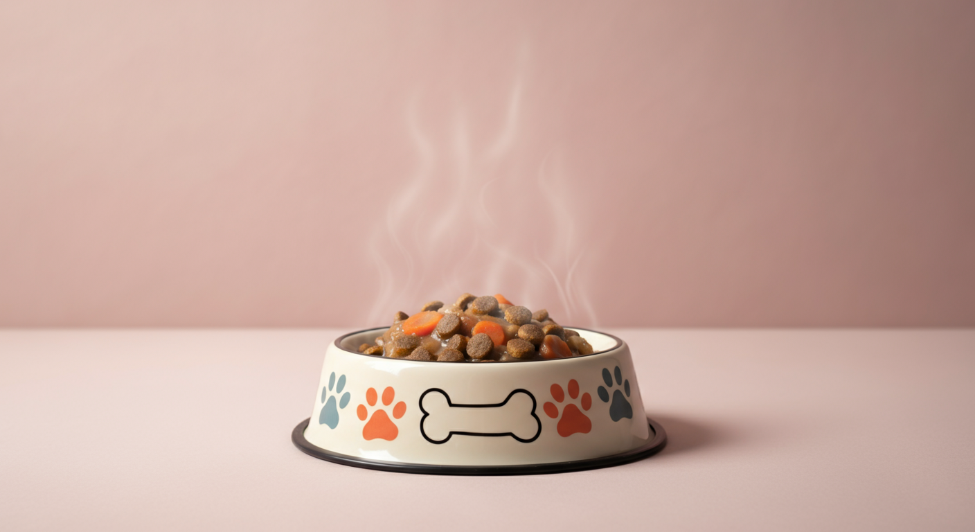 湯気が立ち上る温かいドッグフードが入ったボウル