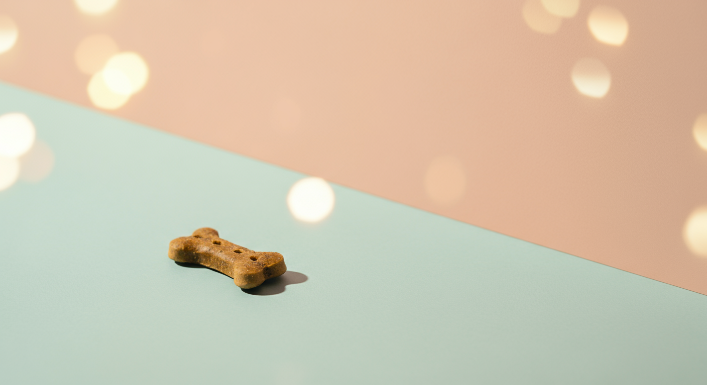 パステルカラーのシンプルな背景に、犬用のおやつが一つだけ置かれている。小さな成功体験とご褒美を象徴する写真。