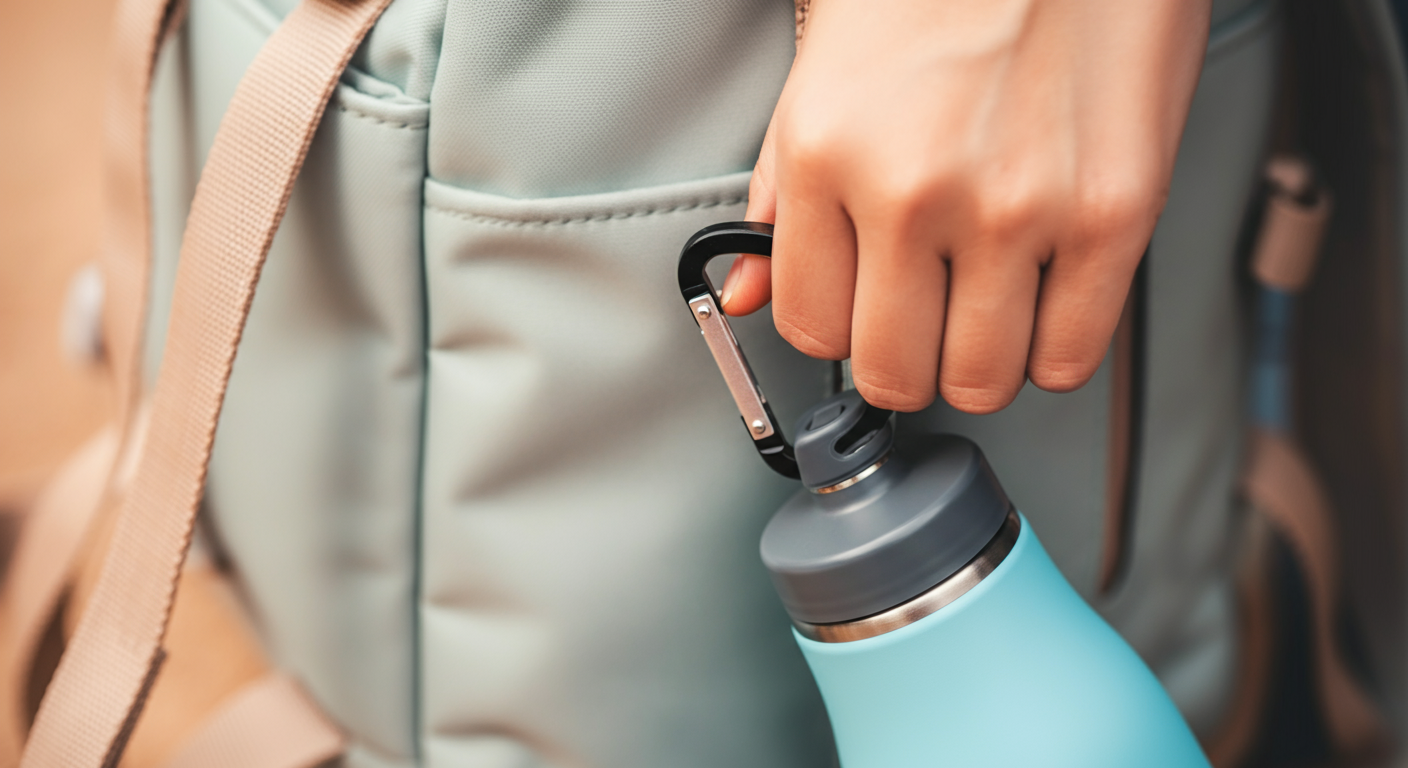 カラビナ付きの給水ボトルがバックパックに付けられている様子