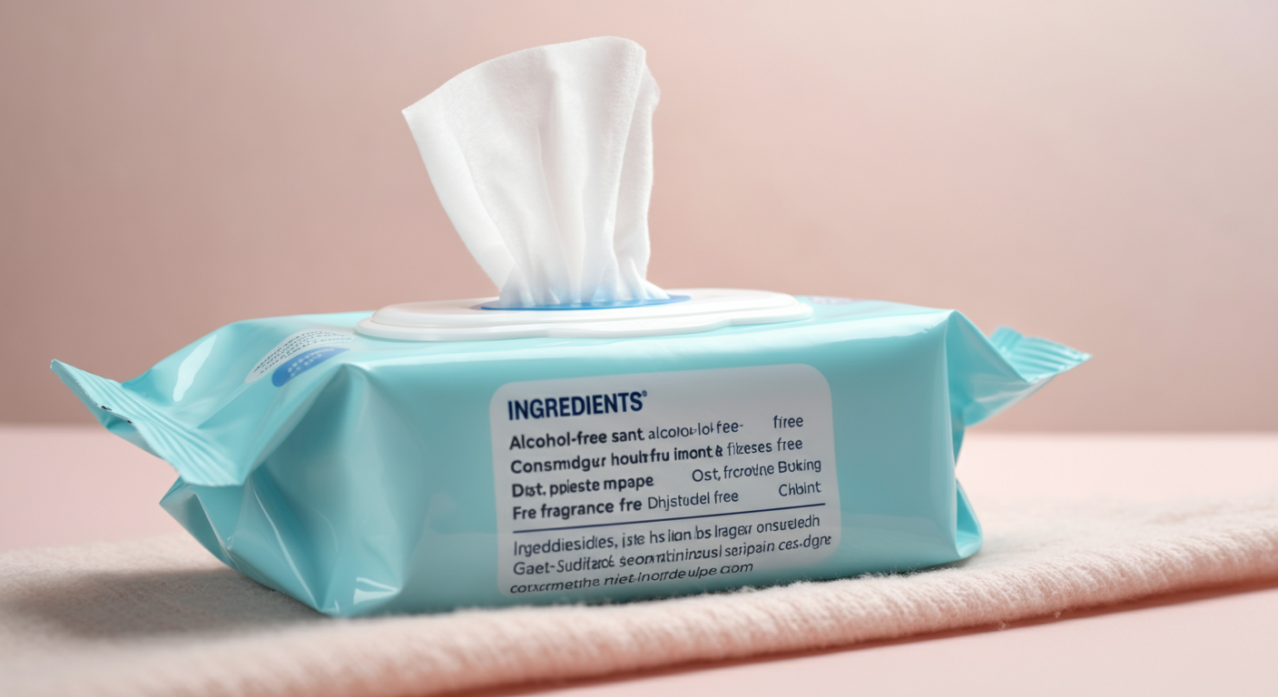 ウェットティッシュの成分表示ラベルをマクロ撮影した、抽象的なイメージ。「ノンアルコール」「無香料」の文字にピントが合っている。