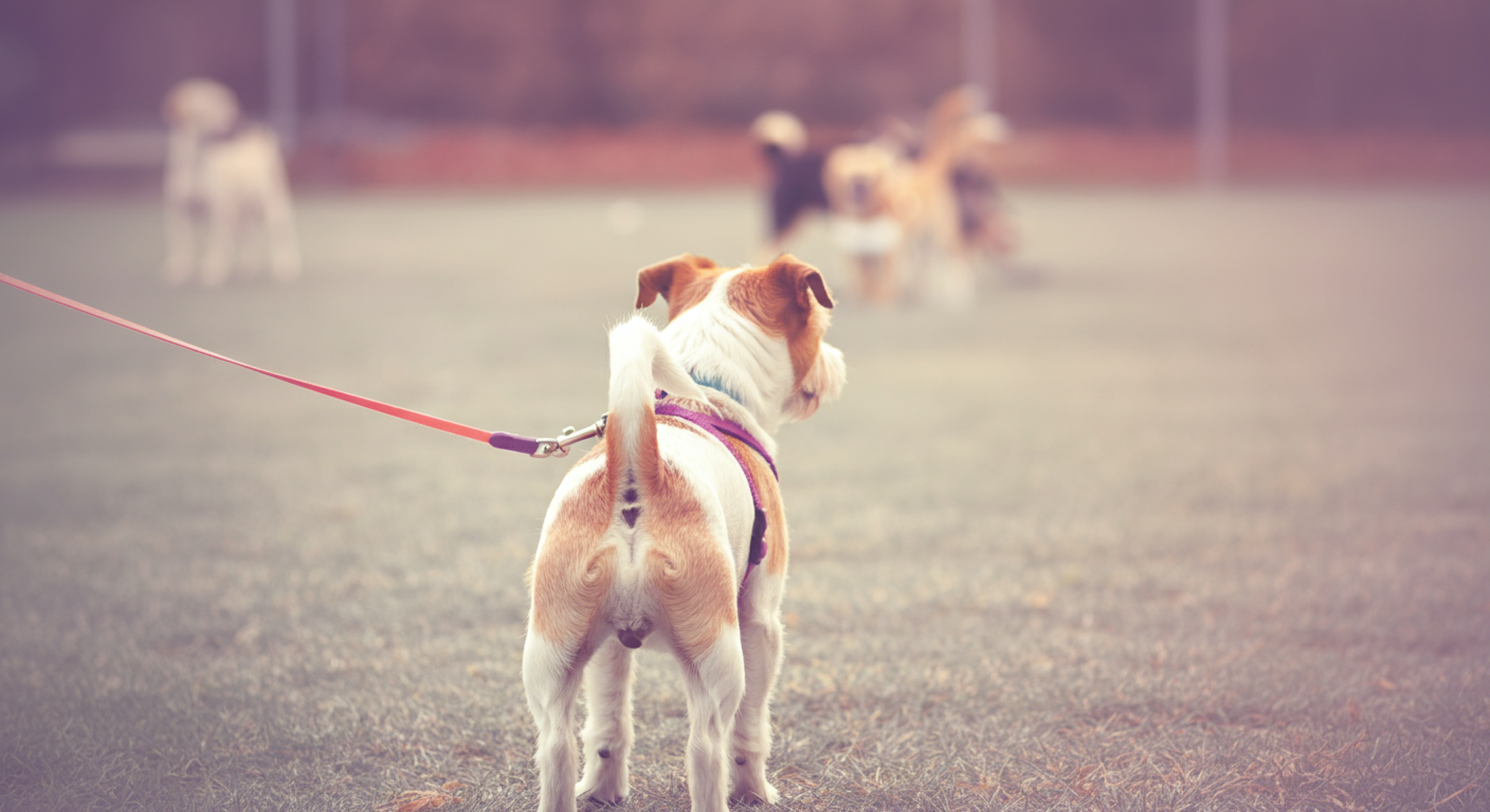ドッグランの隅でリードをつけたまま落ち着いて周りを見ている犬の後ろ姿。