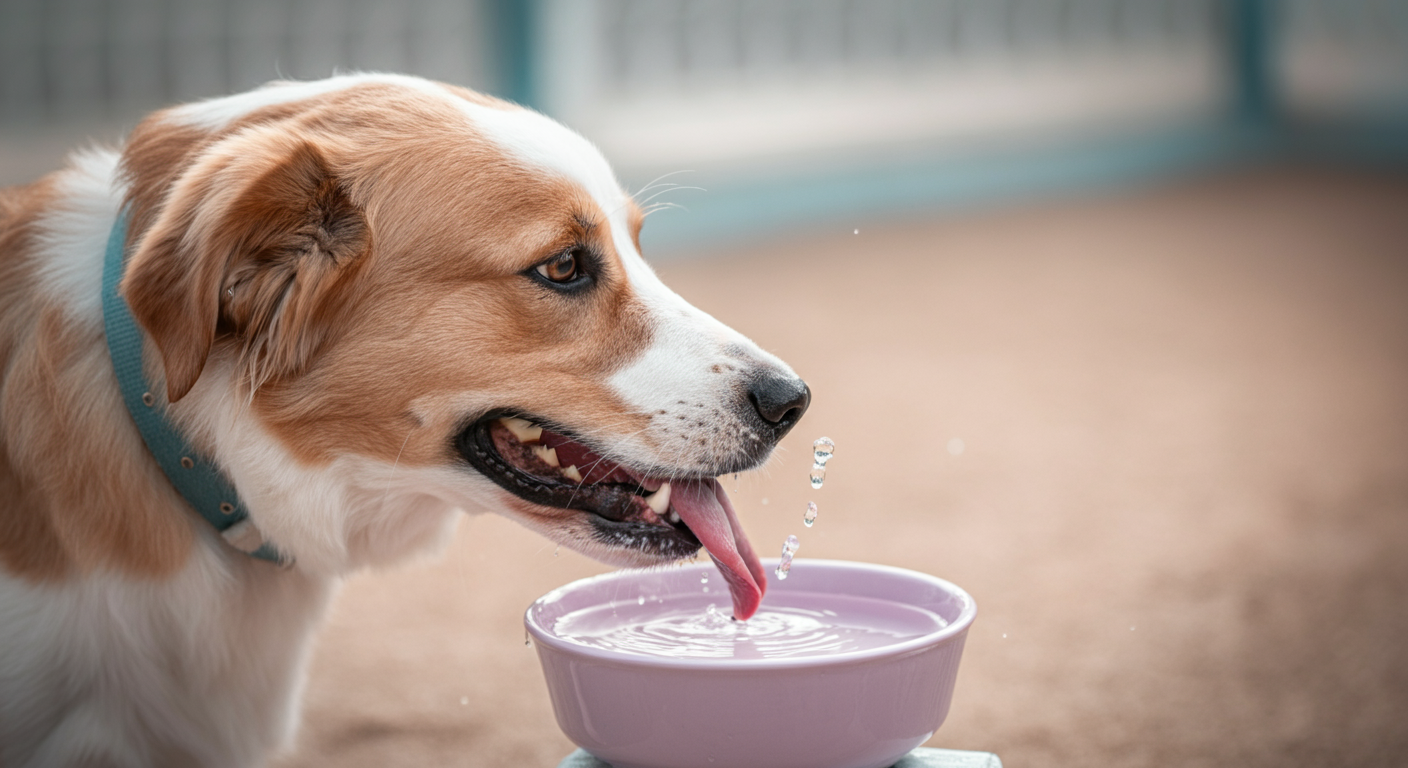 ドッグランで遊んだ後、美味しそうに水を飲む犬の横顔。