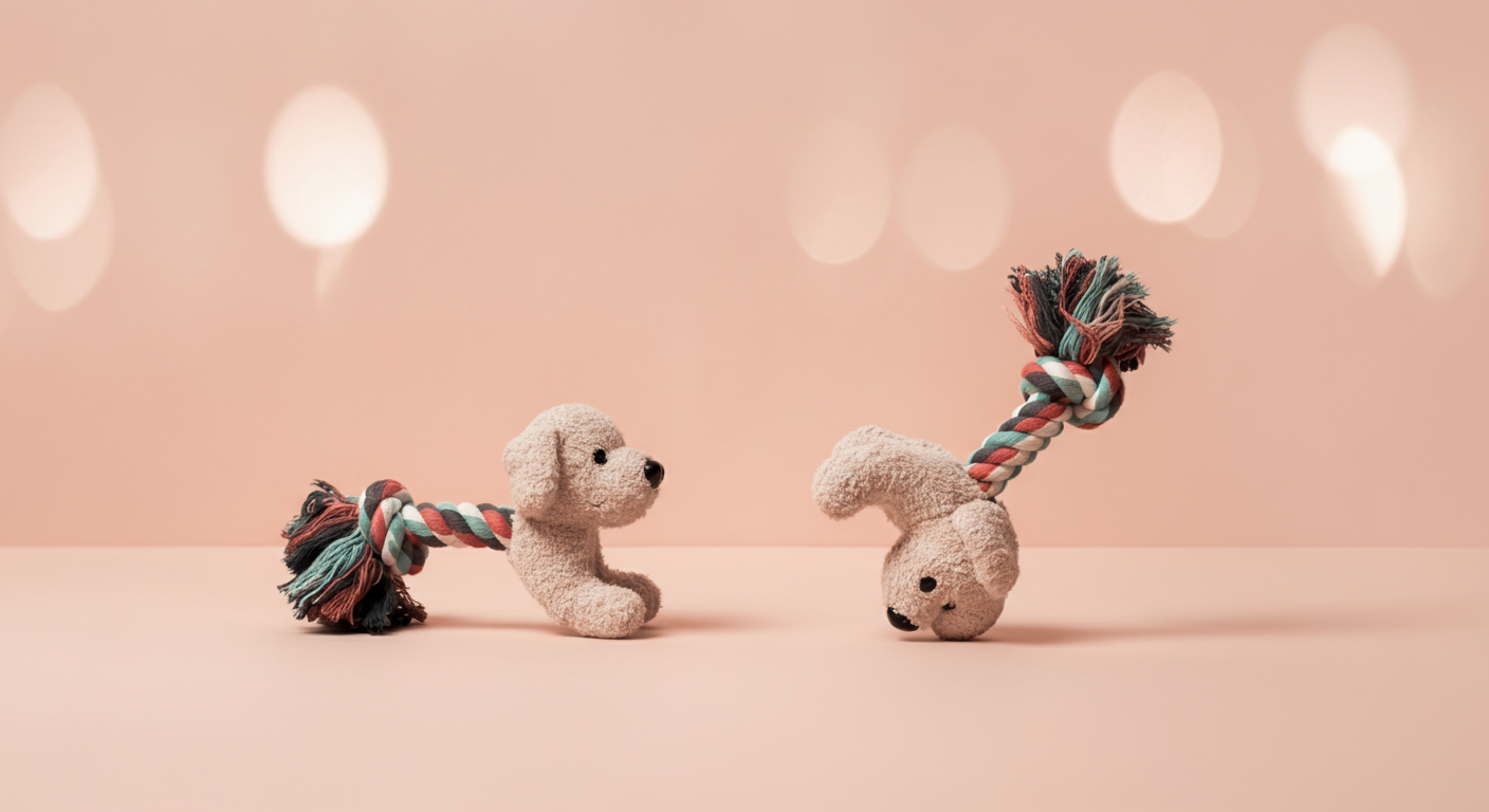 二つのおもちゃが並んでおり、一つは倒れている。遊びのバランスを表現した抽象的な写真。