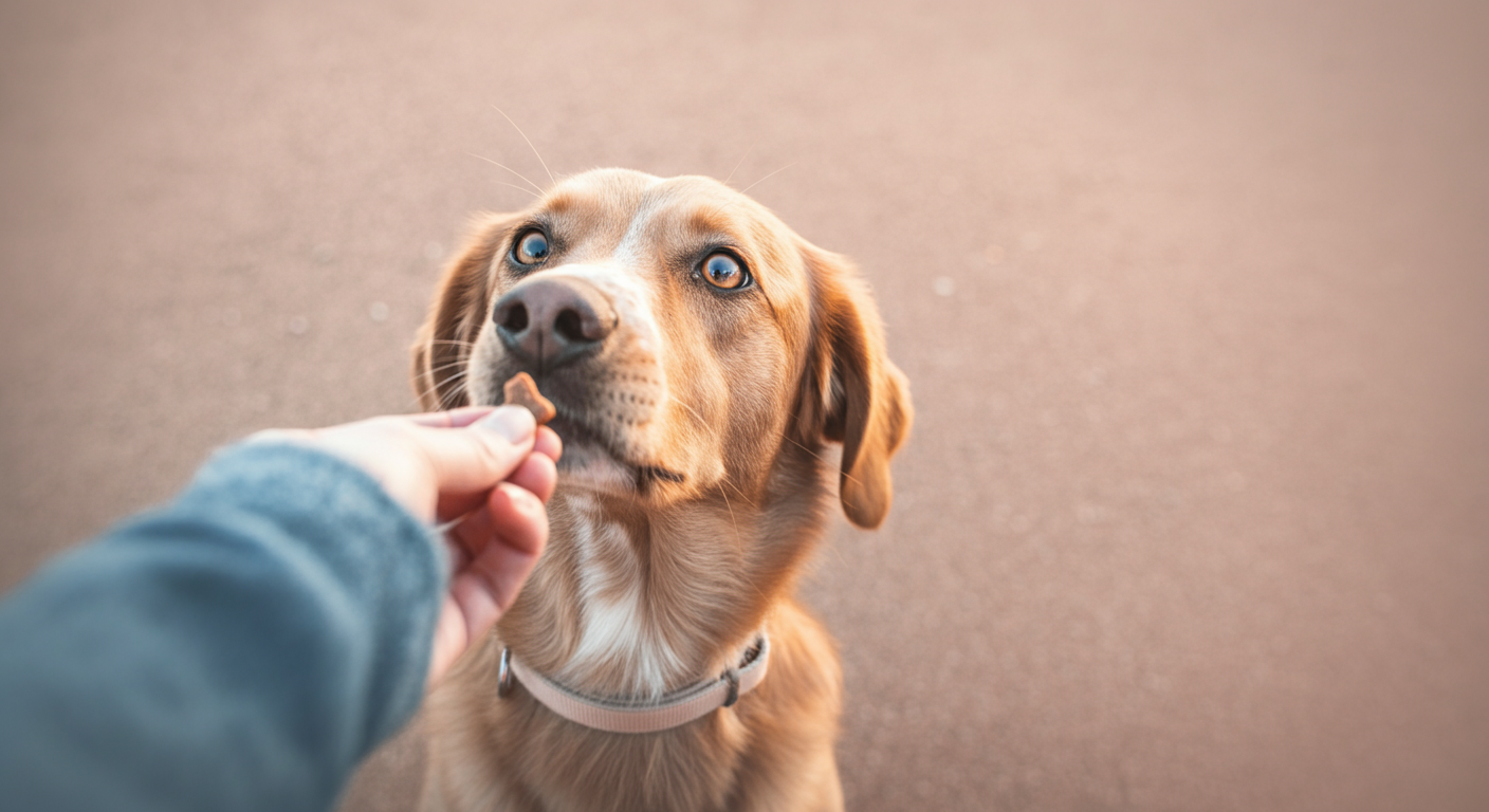 犬がおやつを持った飼い主と優しくアイコンタクトをとっている。