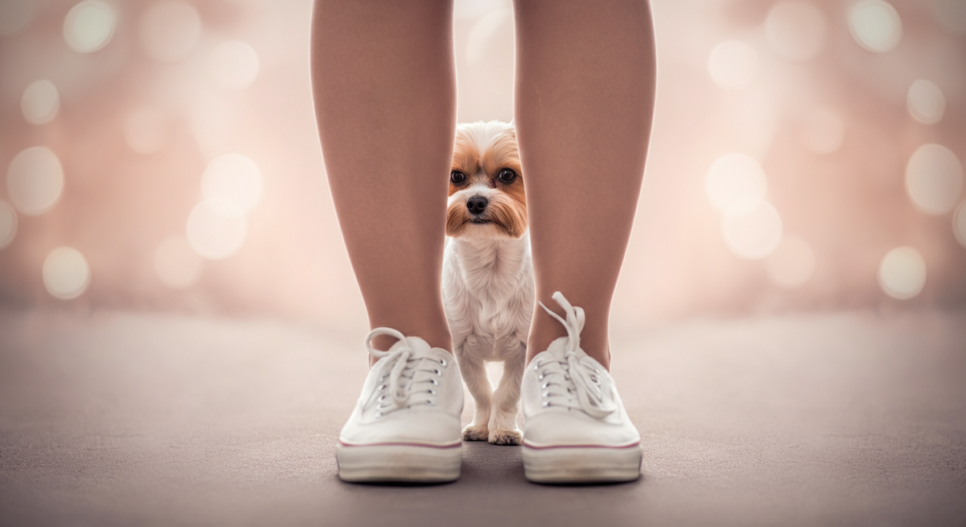 飼い主の足元で安心して座る犬を、飼い主が優しく守るように立っているローアングルからの抽象的な写真。