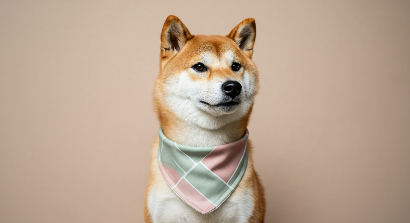 くすみピンクとセージグリーンの幾何学模様がおしゃれなクールネックをつけた柴犬。ミニマルな背景でポーズをとっている。