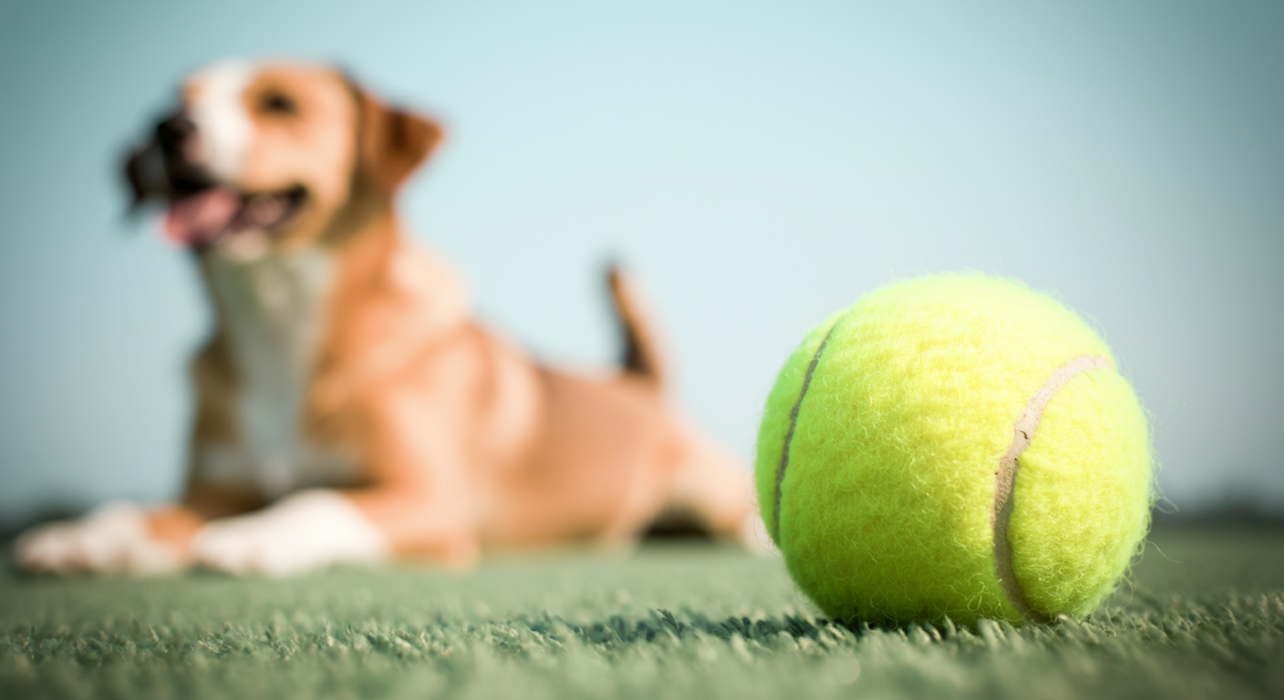 パステルカラーの背景に、テニスボールと、遠くで遊ぶ準備をしている犬のシルエット。