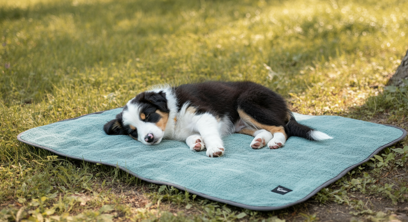公園の芝生の上で、犬用タオルをマット代わりにして眠っている子犬。
