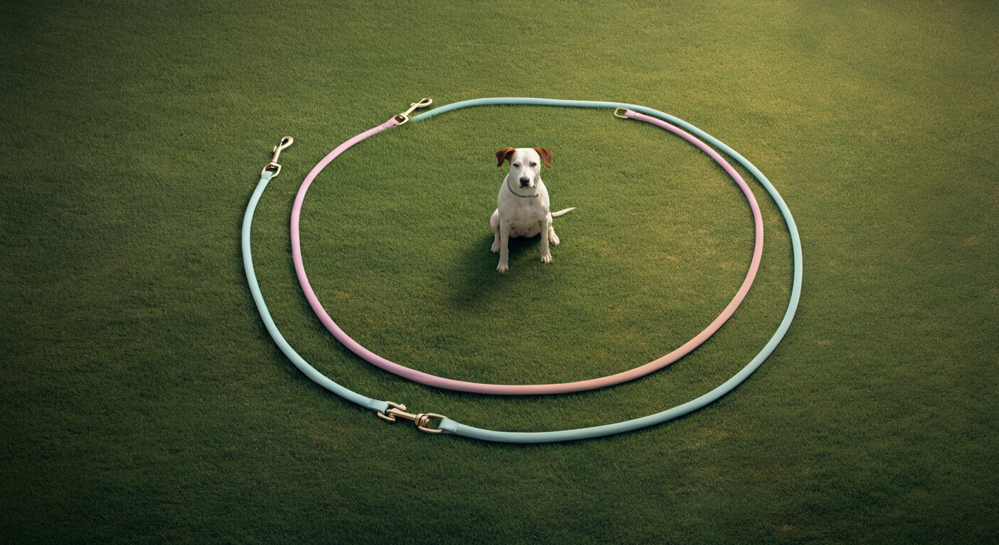 緑の芝生の上に円形に置かれた長いリードの中心で、一匹の犬が落ち着いてお座りしている。
