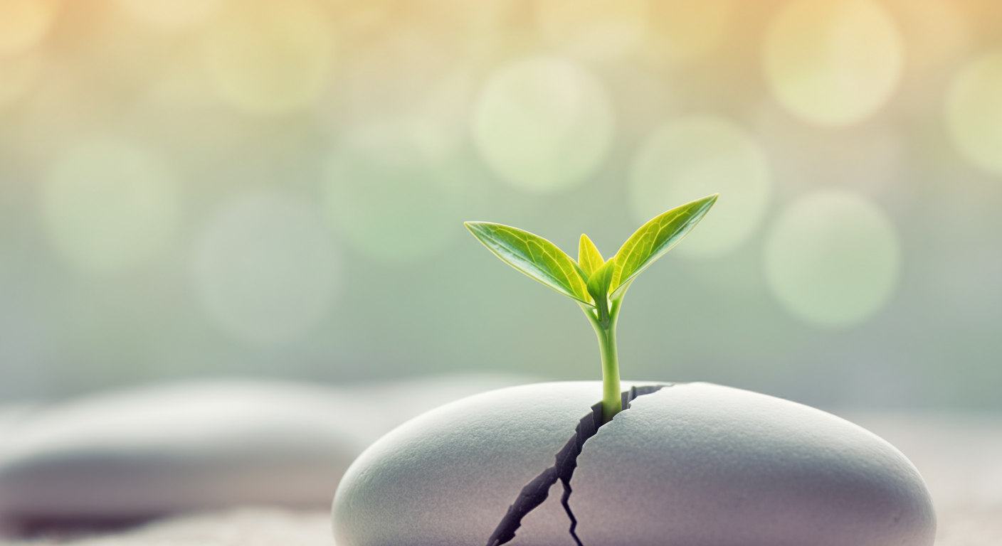 石の割れ目から芽を出す若い緑の新芽