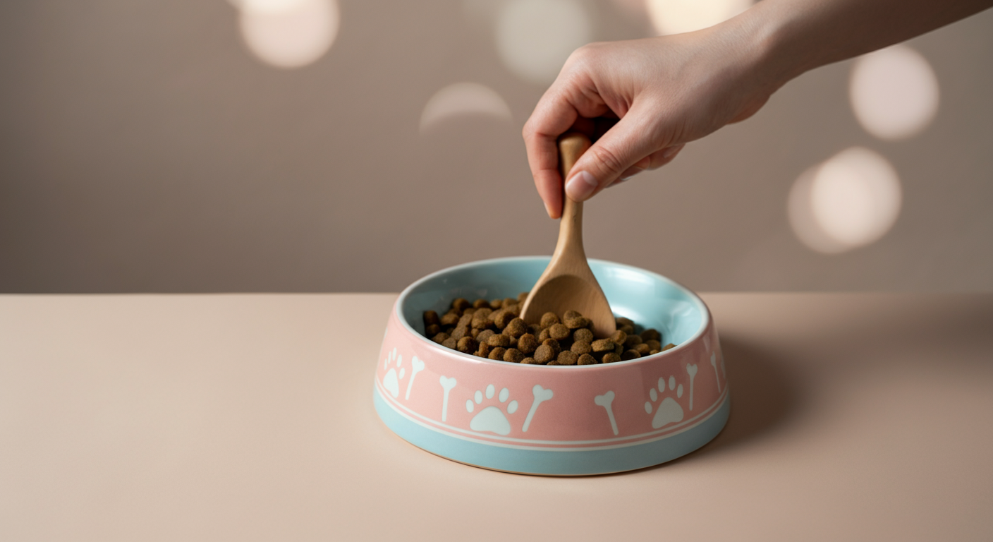 人がセラミック製のおしゃれなフードボウルを優しくかき混ぜている手元の写真。