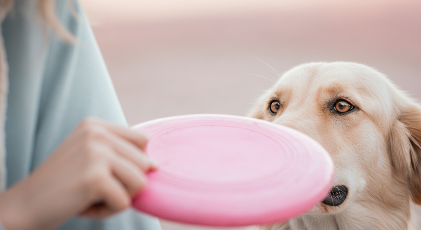 人と犬が、その間に掲げられたパステルピンクのフリスビーを真剣に見つめ合っている、ぼやけた親密なショット。