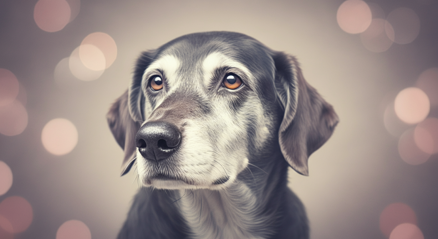 白髪が増えたシニア犬の鼻先のクローズアップ。穏やかで賢そうな表情をしている。