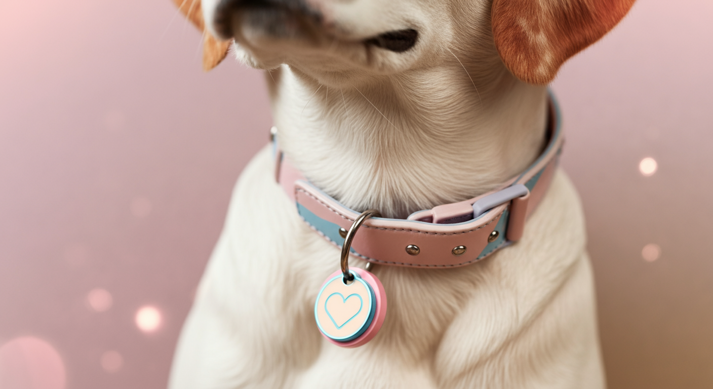 ハートマークが描かれたおしゃれな迷子札がついた犬の首輪のクローズアップ