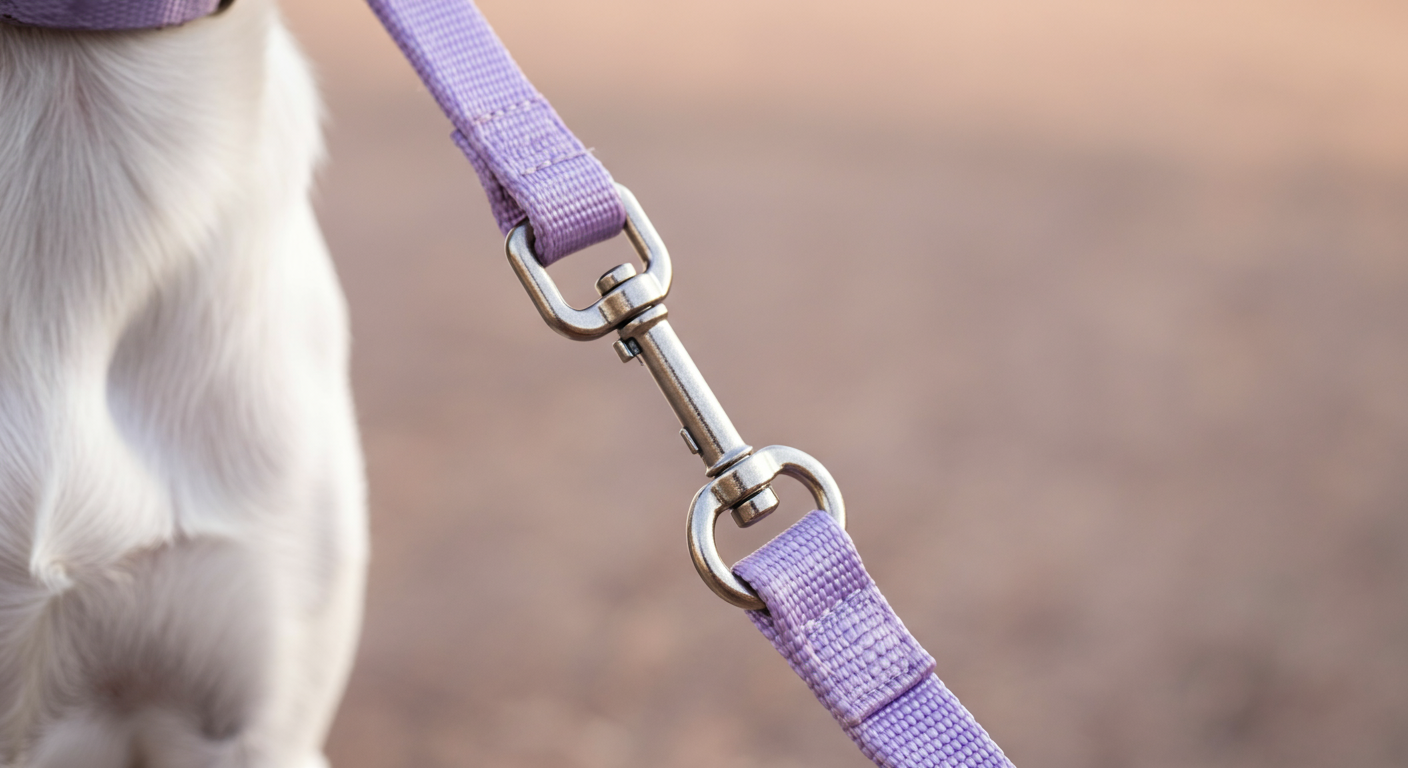 パステルパープルのロングリードに付いた、頑丈な金属製のカラビナクリップが犬の首輪のリングにしっかりと留められているクローズアップ。