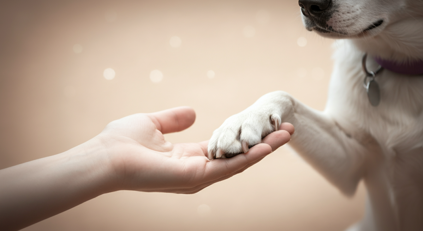 パステルカラーの優しい雰囲気の中、人間の手に犬の前足がそっと乗せられている。信頼とコミュニケーションを象徴する写真。