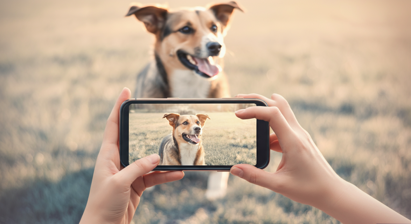 下げられたスマートフォンの向こう側で、一匹の犬が楽しそうに遊んでいる様子がはっきりと見えている。