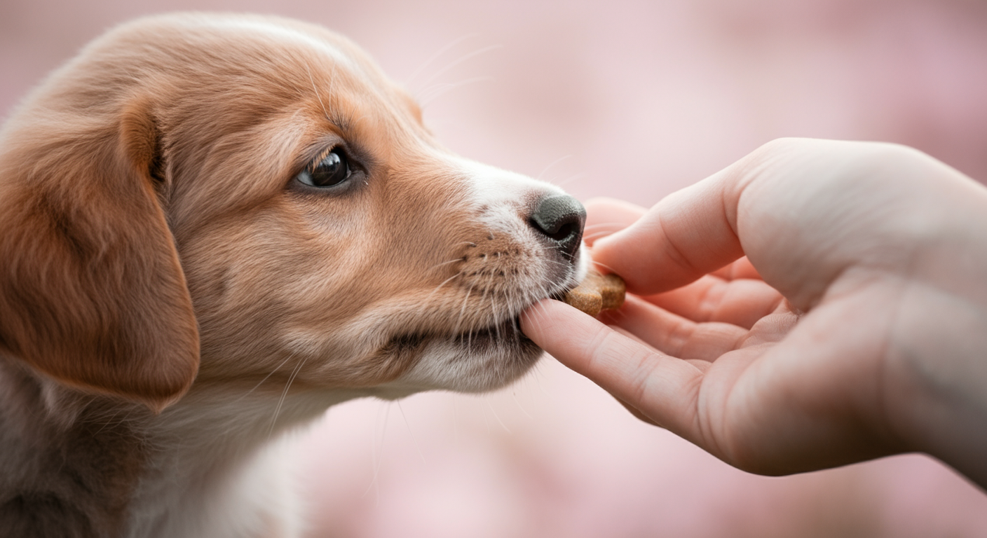 飼い主の指先から優しくおやつを受け取る子犬の鼻先のクローズアップ写真。