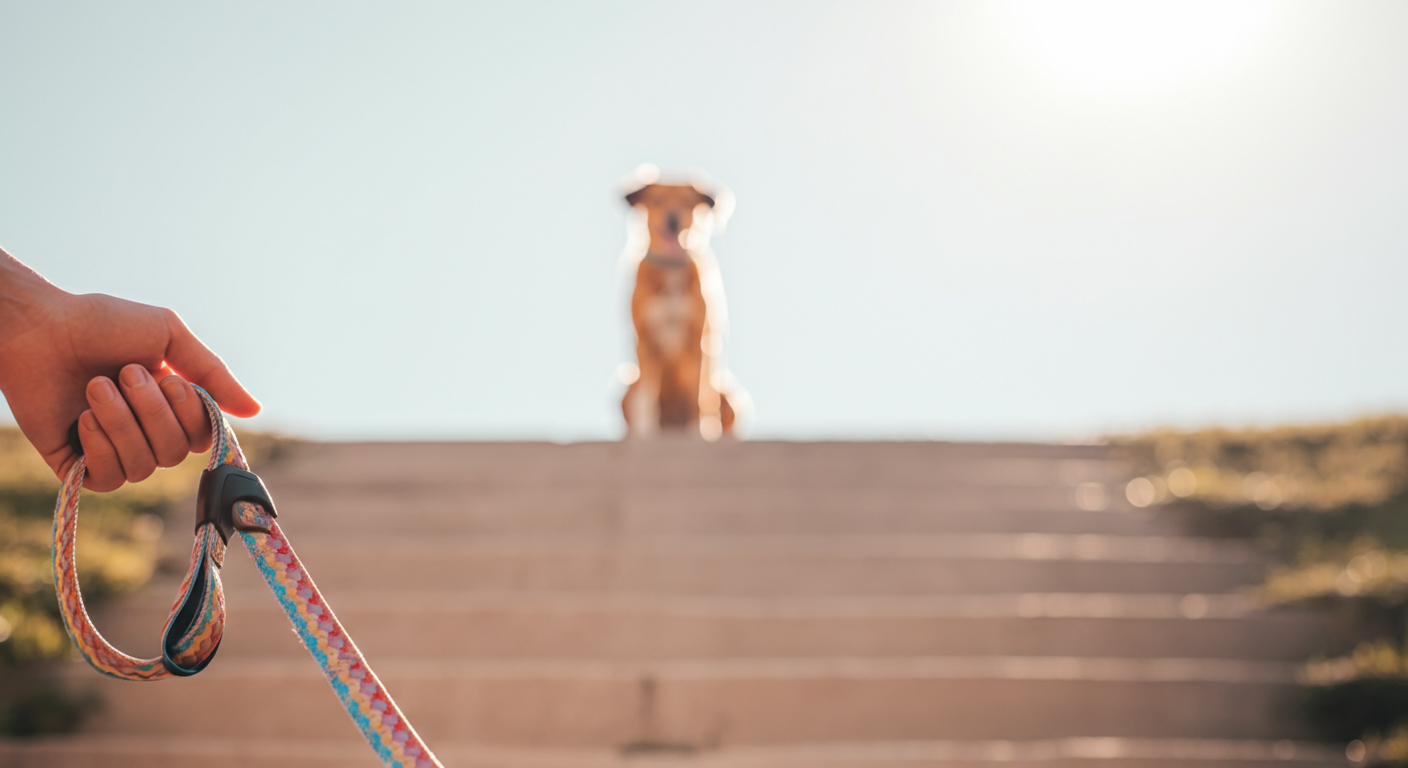 パステルカラーのリードを優しく握る飼い主の手と、その後ろで坂の下でおとなしく待っている犬のシルエット。