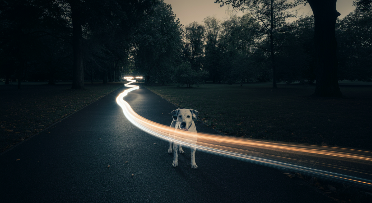 犬用ライトの光の軌跡が、夜の公園に光の絵を描いている幻想的な写真