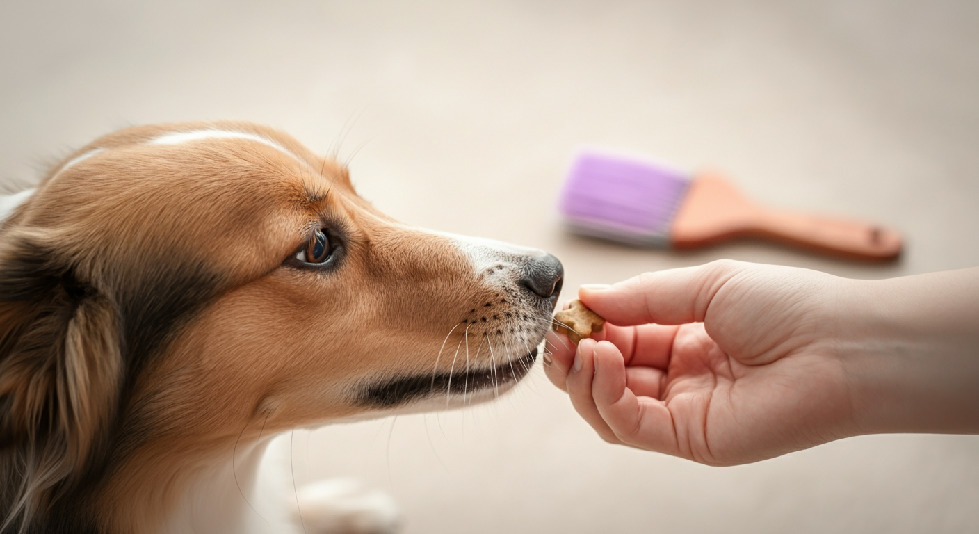飼い主の手から犬がおやつを優しく食べている瞬間のクローズアップ写真