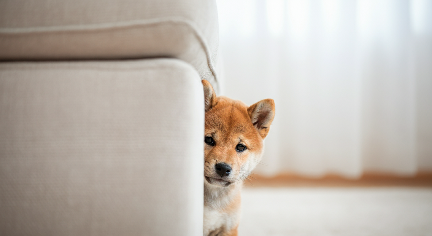 ソファの下からこちらを覗き込んでいる、少し臆病そうな柴犬の子犬。