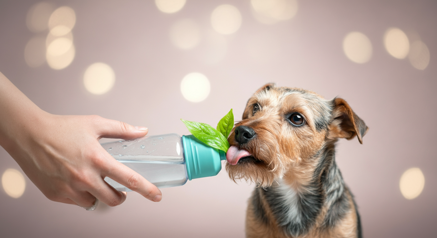 飼い主が持つボトル一体型給水器から、犬が優しく水を飲んでいる瞬間のクローズアップ。