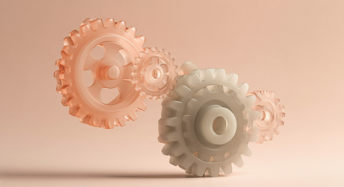効率的な代謝を象徴する、滑らかに噛み合って動く半透明の歯車の写真。