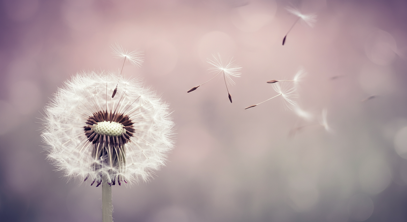 パステルカラーの背景に、綿毛がいくつか舞い上がっているタンポポの綿毛の抽象的な写真。