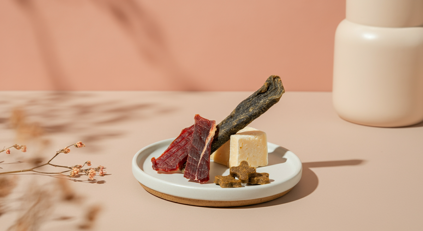 パステルカラーの背景に、フリーズドライの肉など特別な犬用おやつが美しく並べられている