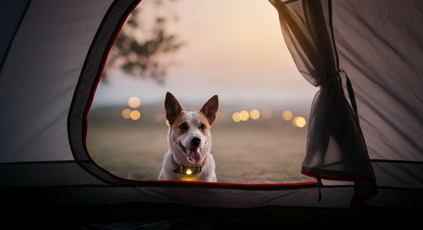 夕暮れ時、テントの入り口から顔を出す犬。その首のライトが優しく光っている。
