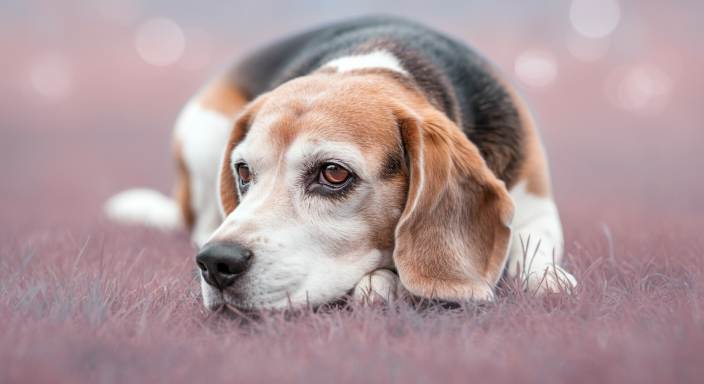 口周りが白くなったシニアのビーグルが、パステルグリーンの芝生の上で穏やかな表情で寝そべっている。