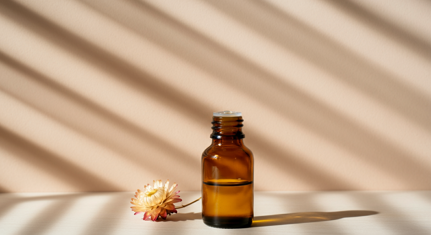 植物オイルが入った琥珀色のガラス瓶と、繊細なドライフラワーを並べた、穏やかな雰囲気の写真。