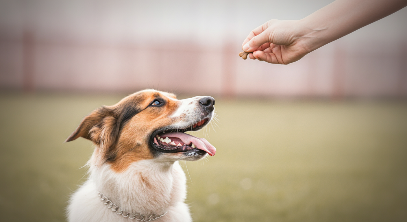 ドッグランの最中に、飼い主の呼びかけに応じて戻ってきた一匹の犬が、特別なご褒美をもらっている様子。背景はぼけている。