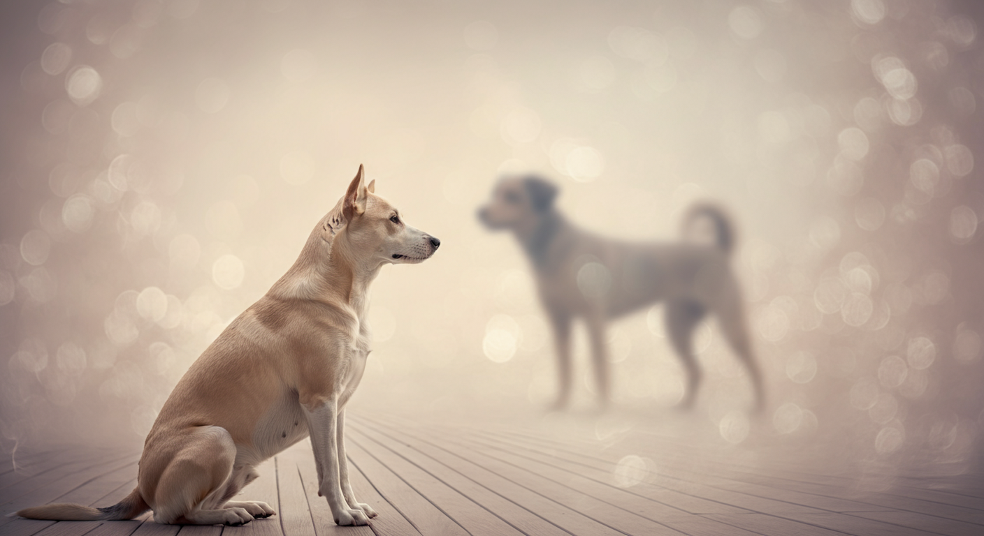 遠くに他の犬のシルエットが見える中で、手前で落ち着いている一匹の犬